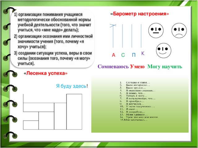 « Лесенка успеха»  « Барометр настроения» К П С А Сомневаюсь Умею  Могу научить  Я буду здесь ! 20