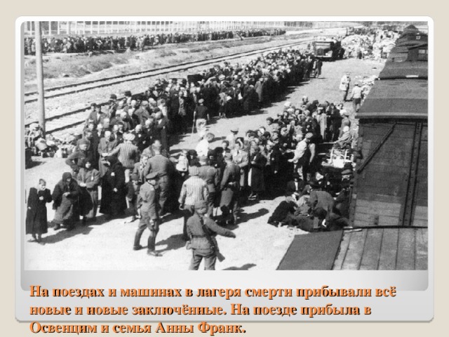 На поездах и машинах в лагеря смерти прибывали всё новые и новые заключённые. На поезде прибыла в Освенцим и семья Анны Франк.