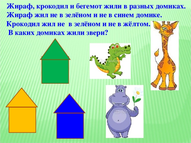 Жираф, крокодил и бегемот жили в разных домиках. Жираф жил не в зелёном и не в синем домике. Крокодил жил не в зелёном и не в жёлтом.  В каких домиках жили звери?