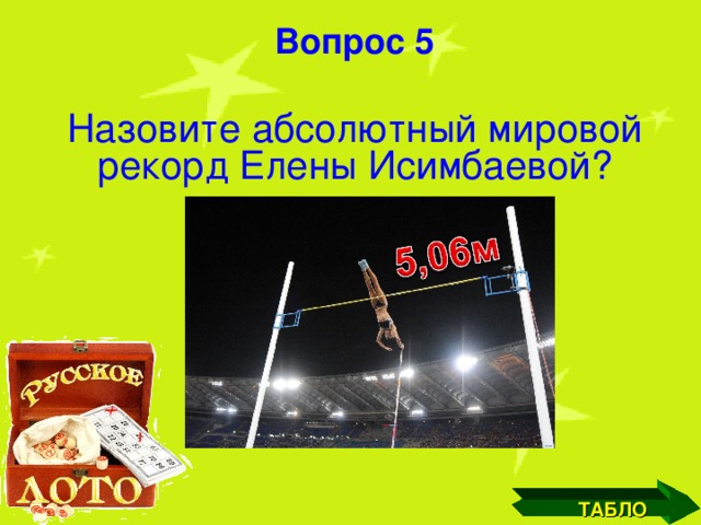 Вопрос 5 Назовите абсолютный мировой рекорд Елены Исимбаевой? ТАБЛО