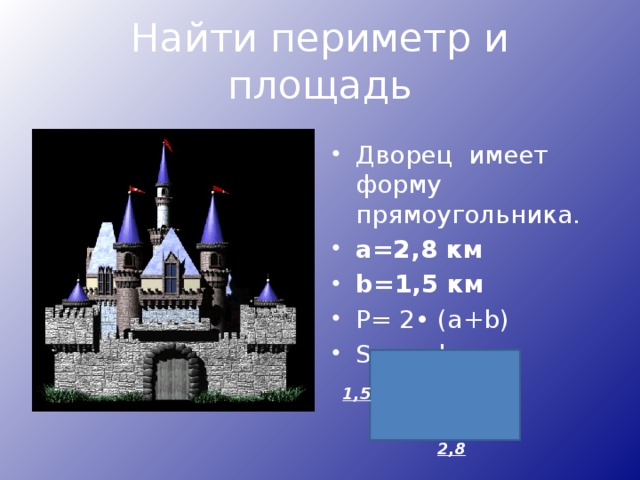 Найти периметр и площадь Дворец имеет форму прямоугольника. а=2,8 км b=1,5 км Р= 2• (а+b) S = a•b 1,5 2,8