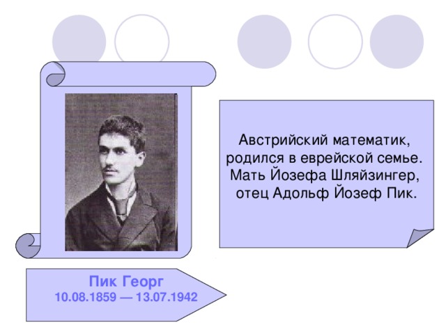 Австрийский математик, родился в еврейской семье. Мать Йозефа Шляйзингер, отец Адольф Йозеф Пик. Пик Георг 10.08.1859 — 13.07.1942