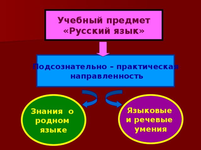 Учебный предмет «Русский язык» Подсознательно – практическая  направленность Знания о родном языке Языковые и речевые умения