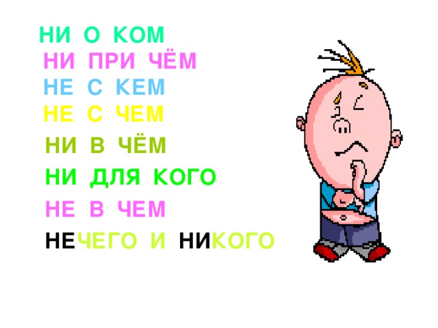 НИ О КОМ  НИ ПРИ ЧЁМ  НЕ С КЕМ  НЕ С ЧЕМ  НИ В ЧЁМ  НИ ДЛЯ КОГО  НЕ В ЧЕМ  НЕ ЧЕГО И НИ КОГО