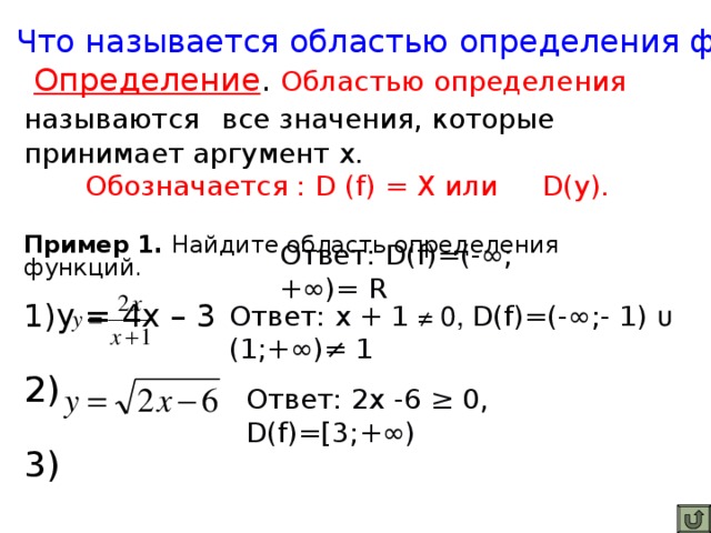 Что называется областью определения функции?  Определение . Областью определения  называются  все значения, которые принимает аргумент х. Обозначается : D ( f ) = Х или D(y). Пример 1. Найдите область определения функций. у = 4х – 3  Ответ: D(f)=(-∞ ;+ ∞ )= R Ответ: х + 1 ≠ 0, D(f)=(-∞ ;- 1) ᴜ (1;+ ∞ )≠ 1 Ответ: 2х -6 ≥ 0, D(f)=[3 ;+ ∞ )