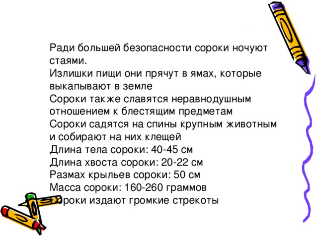 Ради большей безопасности сороки ночуют стаями. Излишки пищи они прячут в ямах, которые выкапывают в земле Сороки также славятся неравнодушным отношением к блестящим предметам Сороки садятся на спины крупным животным и собирают на них клещей Длина тела сороки: 40-45 см Длина хвоста сороки: 20-22 см Размах крыльев сороки: 50 см Масса сороки: 160-260 граммов Сороки издают громкие стрекоты