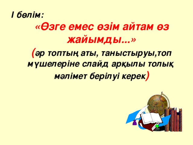 І бөлім: «Өзге емес өзім айтам өз жайымды...» ( әр топтың аты, таныстыруы,топ мүшелеріне слайд арқылы толық мәлімет берілуі керек )