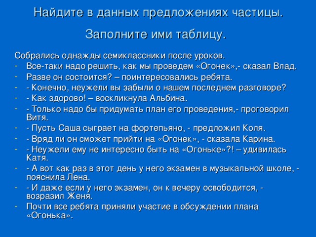 Найдите в данных предложениях частицы. Заполните ими таблицу.  Собрались однажды семиклассники после уроков.