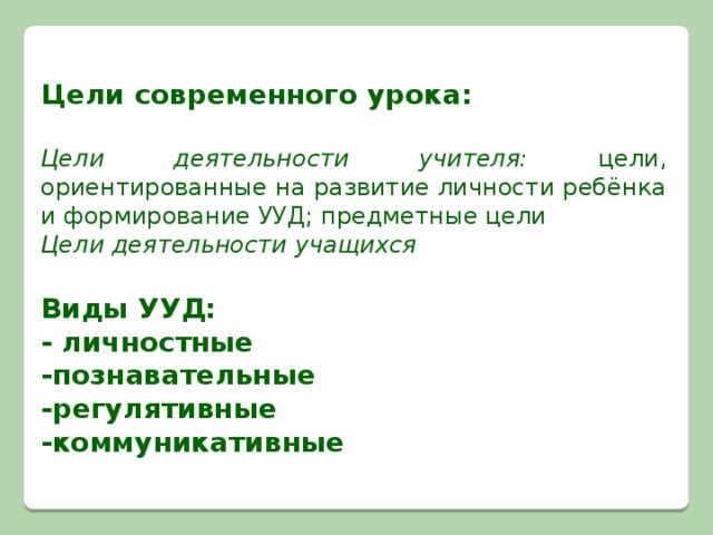 Цели современного урока: Цели деятельности учителя: цели, ориентированные на развитие личности ребёнка и формирование УУД; предметные цели Цели деятельности учащихся Виды УУД: - личностные -познавательные -регулятивные -коммуникативные