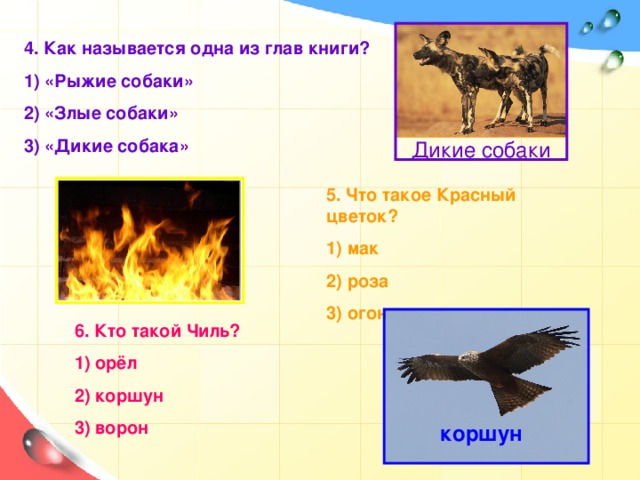 Дикие собаки 4. Как называется одна из глав книги? 1) «Рыжие собаки» 2) «Злые собаки» 3) «Дикие собака» 5. Что такое Красный цветок? 1) мак 2) роза 3) огонь 4. Как называется одна из глав книги? 1) «Рыжие собаки»; 2) «Злые собаки»; 3) «Дикие собаки». 5. Что такое Красный Цветок? 1) мак; 2) роза; 3) огонь. 6. Кто такой Чиль? 1) орел; 2) коршун; 3) ворон. 6. Кто такой Чиль? 1) орёл 2) коршун 3) ворон коршун