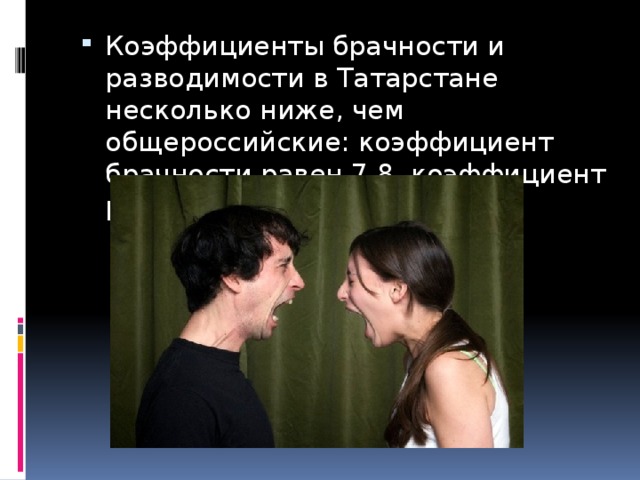 Коэффициенты брачности и разводимости в Татарстане несколько ниже, чем общероссийские: коэффициент брачности равен 7,8, коэффициент разводимости- 3,9.