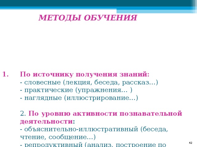 МЕТОДЫ ОБУЧЕНИЯ По источнику получения знаний:  - словесные (лекция, беседа, рассказ…)  - практические (упражнения… )  - наглядные (иллюстрирование…)   2. По уровню активности познавательной деятельности :  - объяснительно-иллюстративный (беседа, чтение, сообщение…)  - репродуктивный (анализ, построение по моделям…)  -  проблемное изложение материала  - эвристический (творческий пересказ, устное рисование…)  - исследовательский .