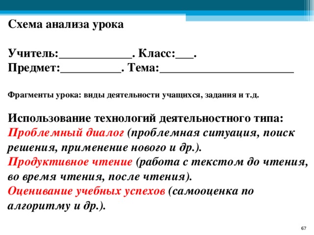 Схема анализа урока  Учитель:____________. Класс:___. Предмет:__________. Тема:______________________  Фрагменты урока: виды деятельности учащихся, задания и т.д.  Использование технологий деятельностного типа: Проблемный диалог (проблемная ситуация, поиск решения, применение нового и др.). Продуктивное чтение (работа с текстом до чтения, во время чтения, после чтения). Оценивание учебных успехов (самооценка по алгоритму и др.).