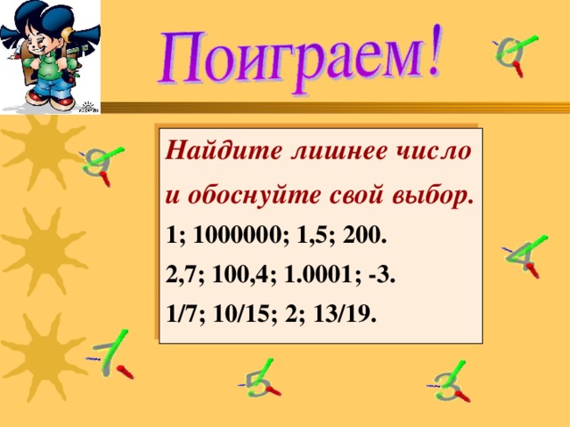 Найдите лишнее число и обоснуйте свой выбор. 1; 1000000; 1,5; 200. 2,7; 100,4; 1.0001; -3. 1 / 7; 10 / 15; 2; 13 / 19.