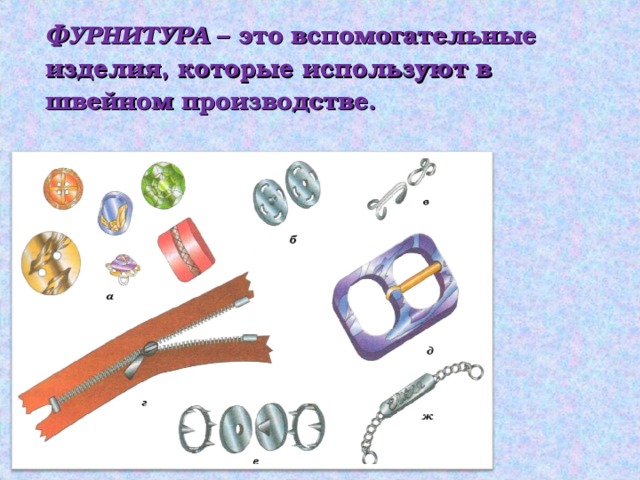 ФУРНИТУРА – это вспомогательные изделия, которые используют в швейном производстве.