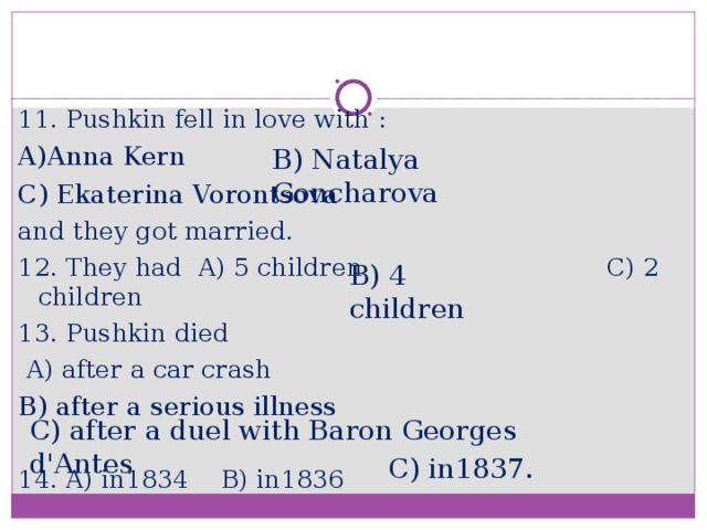 11. Pushkin fell in love with : A)Anna Kern C) Ekaterina Vorontsova and they got married. 12. They had A) 5 children C) 2 children 13. Pushkin died  A) after a car crash B) after a serious illness 14. A) in1834 B) in1836 B) Natalya Goncharova B) 4 children C) after a duel with Baron Georges d'Antes C) in1837.