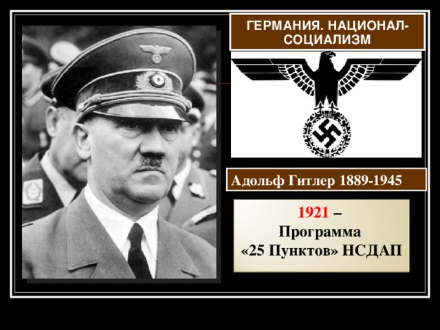 ГЕРМАНИЯ. НАЦИОНАЛ-СОЦИАЛИЗМ Адольф Гитлер 1889-1945 1921 – Программа «25 Пунктов» НСДАП 15 15