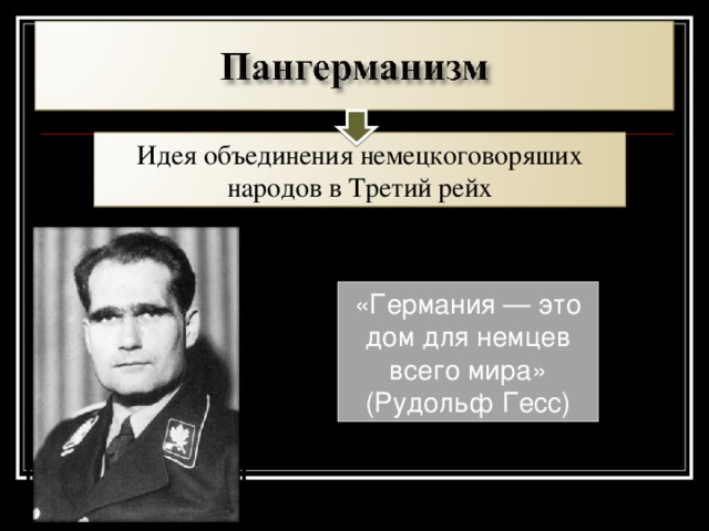 Идея объединения немецкоговоряших народов в Третий рейх «Германия — это дом для немцев всего мира» (Рудольф Гесс)