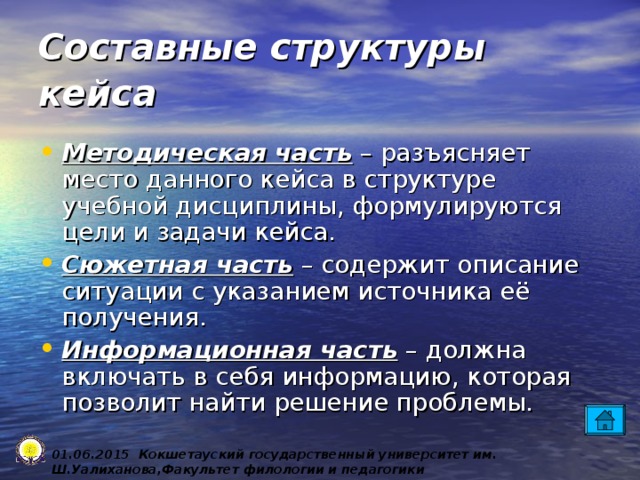 Составные структуры кейса  Методическая часть – разъясняет место данного кейса в структуре учебной дисциплины, формулируются цели и задачи кейса.  Сюжетная часть – содержит описание ситуации с указанием источника её получения.  Информационная часть – должна включать в себя информацию, которая позволит найти решение проблемы. 0 1 .0 6 .2015 Кокшетауский государственный университет им. Ш.Уалиханова,Факультет филологии и педагогики