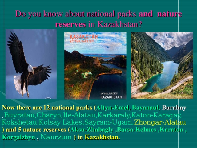 Do you know about national parks and nature reserves in Kazakhstan? Now there are 12 national parks ( Altyn-Emel , Bayanaul, Burabay , Buyratau, Charyn, Ile-Alatau, Karkaraly, Katon-Karagay, Kokshetau, Kolsay Lakes, Sayram-Ugam, Zhongar-Alatau ) and 5 nature reserves ( Aksu-Zhabagly , Barsa-Kelmes , Karatau , Korgalzhyn ,  Naurzum ) in Kazakhstan .