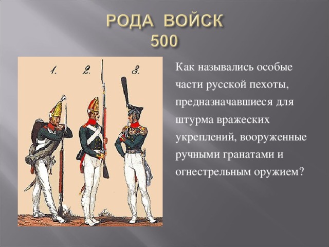 Как назывались особые части русской пехоты, предназначавшиеся для штурма вражеских укреплений, вооруженные ручными гранатами и огнестрельным оружием?
