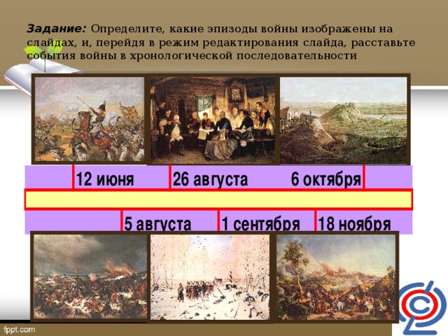 Задание: Определите, какие эпизоды войны изображены на слайдах, и, перейдя в режим редактирования слайда, расставьте события войны в хронологической последовательности