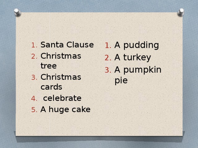 Santa Clause Christmas tree Christmas cards  celebrate A huge cake A pudding A turkey A pumpkin pie