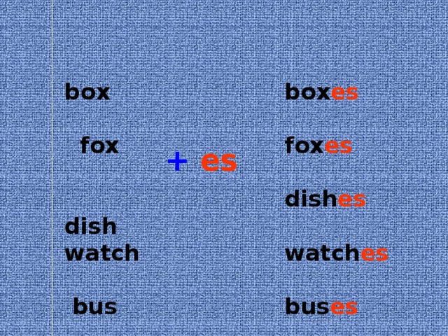 box fox dish watch bus bench box es fox es dish es  watch es bus es bench es +  es