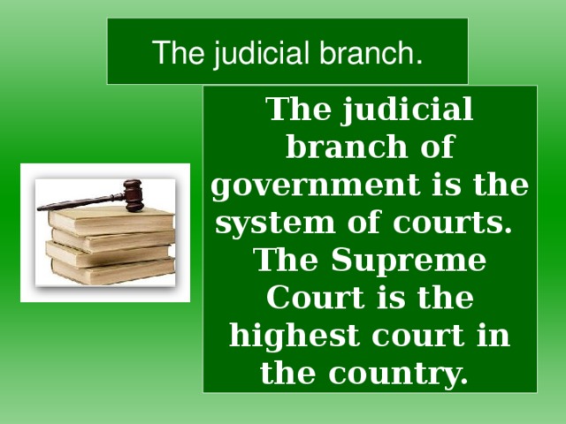The judicial branch. The judicial branch of government is the system of courts. The Supreme Court is the highest court in the country.