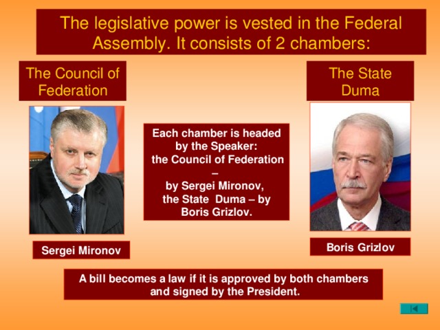 The legislative power is vested in the Federal Assembly. It consists of 2 chambers: The Council of Federation The State Duma Each chamber is headed by the Speaker:  the Council of Federation –  by Sergei Mironov, the State Duma – by  Boris Grizlov. Boris Grizlov Sergei Mironov A bill becomes a law if it is approved by both chambers  and signed by the President.