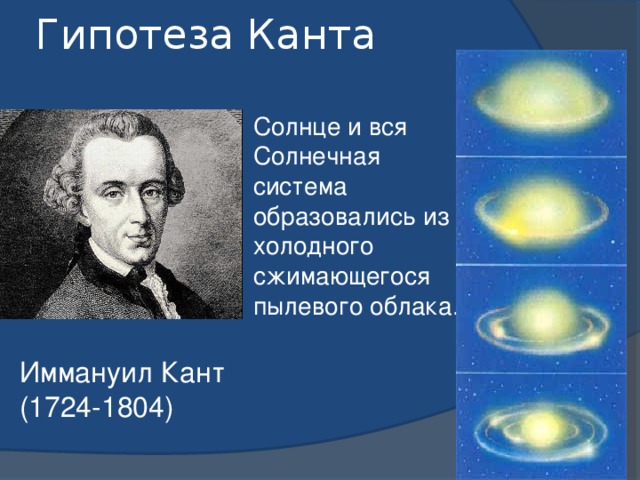 Гипотеза Канта Солнце и вся Солнечная система образовались из холодного сжимающегося пылевого облака. Иммануил Кант (1724-1804)