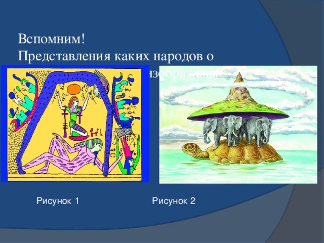 Вспомним!  Представления каких народов о  строении Вселенной изображены   Рисунок 1 Рисунок 2