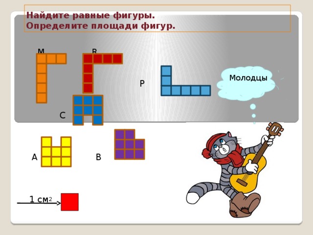 Найдите равные фигуры.  Определите площади фигур.  М R  P  C  A B 1 см 2 Молодцы