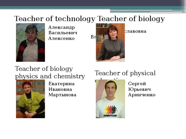 Teacher of biology Teacher of technology     Ирина   Станиславовна    Власова    Александр Васильевич Алексенко    Teacher of biology physics and chemistry    Teacher of physical education   Сергей Екатерина Ивановна Юрьевич Мартынова   Аринченко