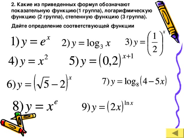 2. Какие из приведенных формул обозначают показательную функцию(1 группа), логарифмическую функцию (2 группа), степенную функцию (3 группа). Дайте определение соответствующей функции