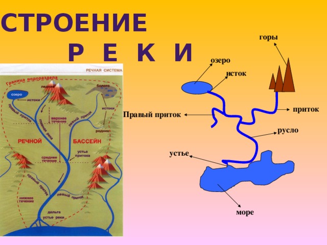 Строение   горы Р Е К и озеро исток приток Правый приток  русло устье море