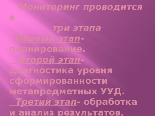 Мониторинг проводится в  три этапа   Первый этап -планирование.  Второй этап - диагностика уровня сформированности метапредметных УУД.  Третий этап - обработка и анализ результатов.