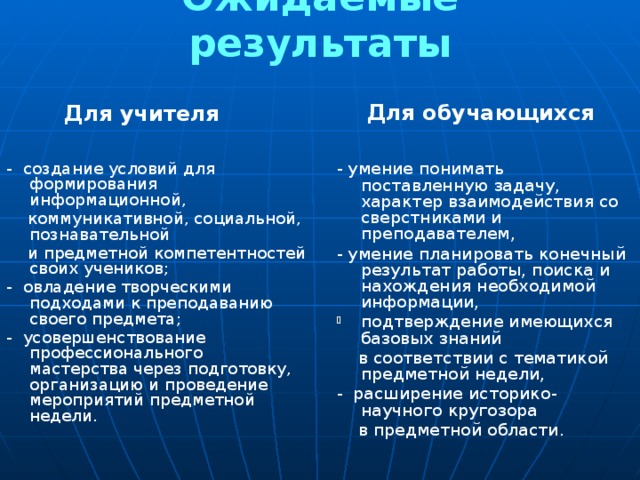 Ожидаемые результаты Для обучающихся Для учителя - создание условий для формирования информационной, - умение понимать поставленную задачу, характер взаимодействия со сверстниками и преподавателем,  коммуникативной, социальной, познавательной - умение планировать конечный результат работы, поиска и нахождения необходимой информации,  и предметной компетентностей своих учеников; подтверждение имеющихся базовых знаний - овладение творческими подходами к преподаванию своего предмета;  в соответствии с тематикой предметной недели, - усовершенствование профессионального мастерства через подготовку, организацию и проведение мероприятий предметной недели. - расширение историко-научного кругозора  в предметной области.