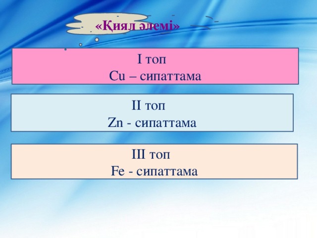 «Қиял әлемі» І топ Cu – сипаттама ІI топ Zn - сипаттама ІII топ Fe - сипаттама