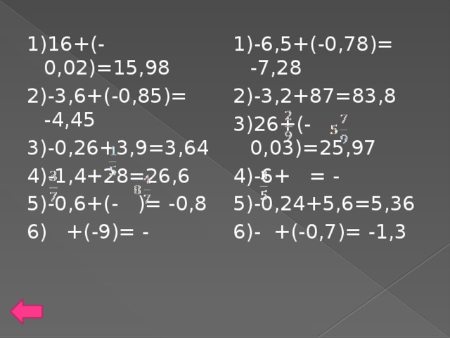 1)-6,5+(-0,78)= -7,28 1)16+(-0,02)=15,98 2)-3,6+(-0,85)= -4,45 2)-3,2+87=83,8 3)-0,26+3,9=3,64 3)26+(-0,03)=25,97 4)-6+ = - 4)-1,4+28=26,6 5)-0,24+5,6=5,36 5)-0,6+(- )= -0,8 6)- +(-0,7)= -1,3 6) +(-9)= -