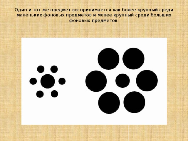 Один и тот же предмет воспринимается как более крупный среди маленьких фоновых предметов и менее крупный среди больших фоновых предметов.