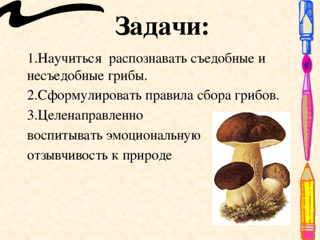 Задачи: 1.Научиться распознавать съедобные и несъедобные грибы. 2.Сформулировать правила сбора грибов. 3.Целенаправленно воспитывать эмоциональную отзывчивость к природе