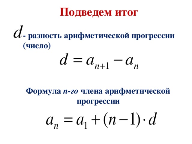 Подведем итог - разность арифметической прогрессии (число) Формула n -го члена арифметической прогрессии