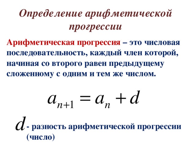 Определение арифметической прогрессии Арифметическая прогрессия – это числовая последовательность, каждый член которой, начиная со второго равен предыдущему сложенному с одним и тем же числом. - разность арифметической прогрессии (число)