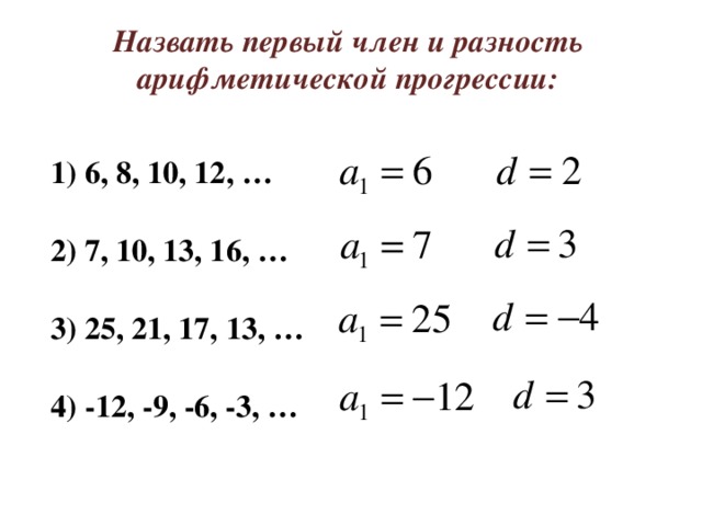 Назвать первый член и разность арифметической прогрессии: