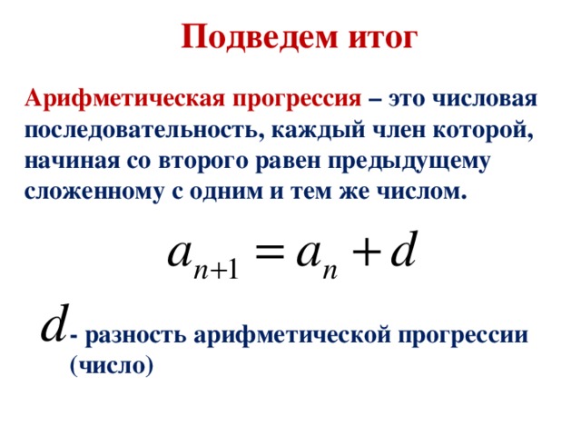 Подведем итог Арифметическая прогрессия – это числовая последовательность, каждый член которой, начиная со второго равен предыдущему сложенному с одним и тем же числом. - разность арифметической прогрессии (число)