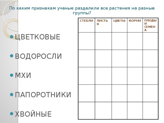 По каким признакам ученые разделили все растения на разные группы? СТЕБЛИ ЛИСТЬЯ ЦВЕТЫ КОРНИ ПЛОДЫ И СЕМЕНА