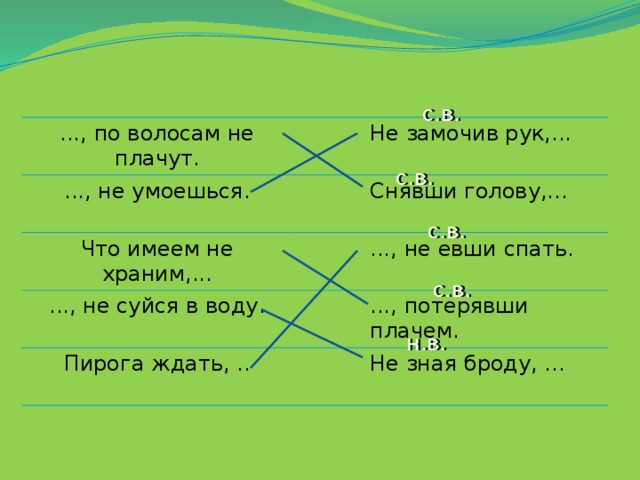 с.в. ..., по волосам не плачут. ..., не умоешься. Не замочив рук,... Что имеем не храним,... ..., не суйся в воду. Снявши голову,... Пирога ждать, .. ..., не евши спать. ..., потерявши плачем. Не зная броду, ... с.в. с.в. с.в. н.в.