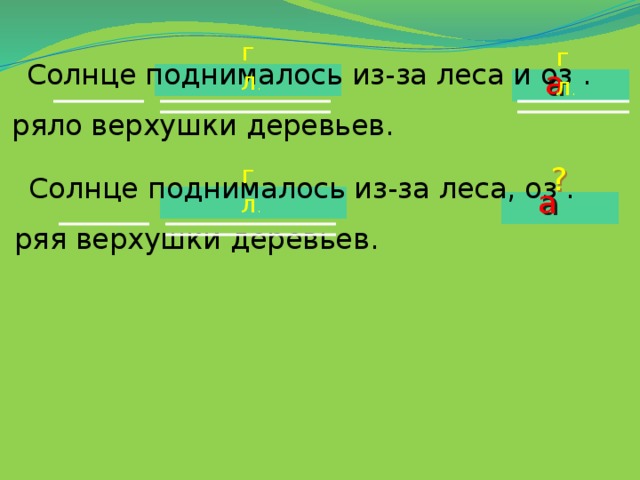 гл . гл . Солнце поднималось из-за леса и оз  . ряло верхушки деревьев. Солнце поднималось из-за леса, оз . ряя верхушки деревьев. Высоко в небе л . тят, курлыч . т журавли. Высоко в небе л . тят, курлыча журавли. а ? гл .  а