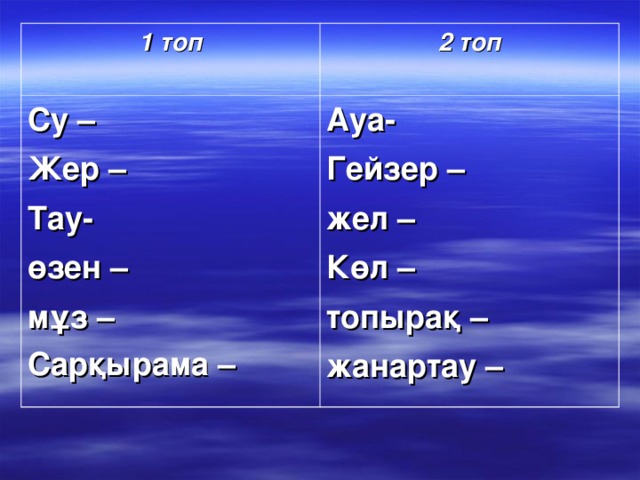 1 топ  2 топ Су – Жер – Тау- өзен – мұз – Сарқырама –  Ауа- Гейзер – жел – Көл – топырақ – жанартау –